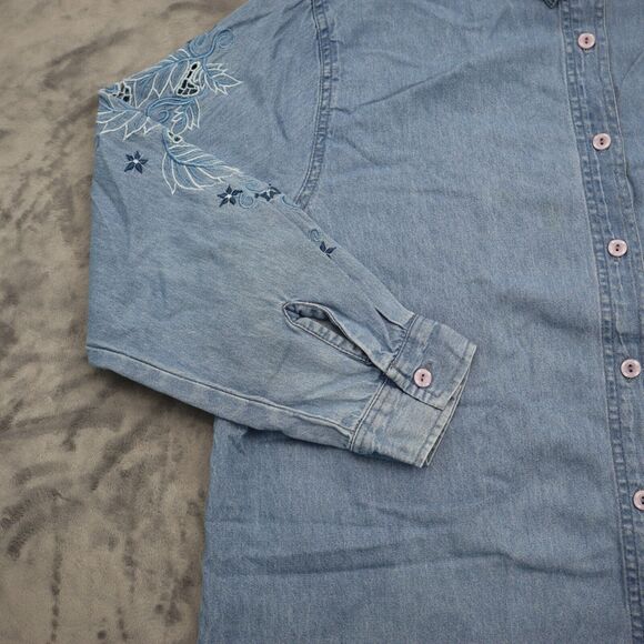 Passion-I Shirt Womens L Blue Denim Button Front Floral Embroidered Pocket - Picture 11 of 16